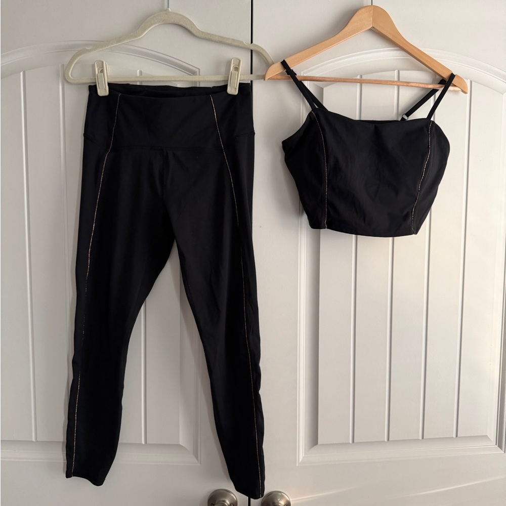 JoyLab Black Leggings and Crop Top Set With Gold Piping